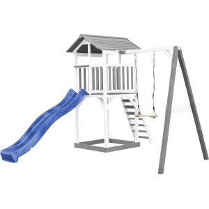 Axi Beach Tower Spielturm mit blauer Rutsche und Schaukel, aus Holz in Grau und Weiß.