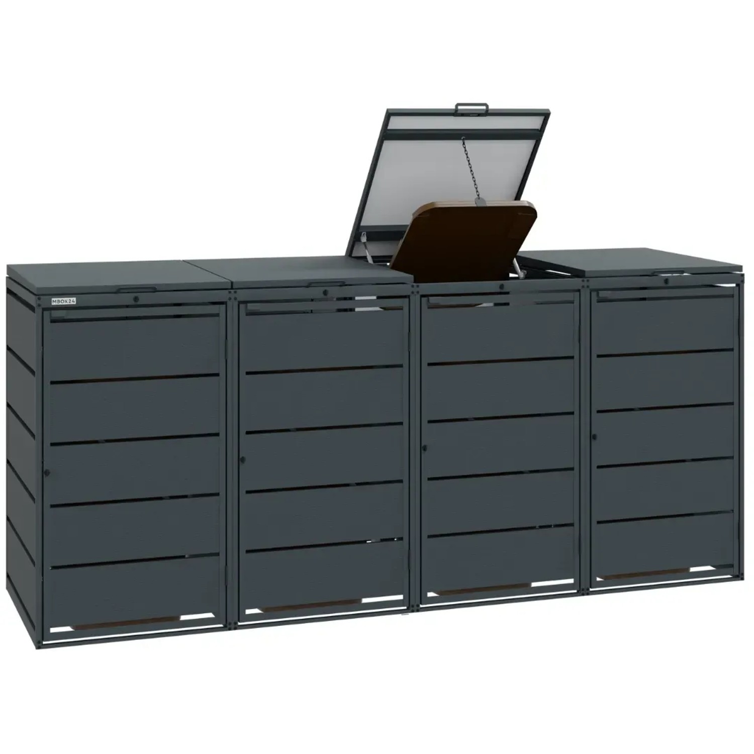 Robuste, anthrazitfarbene Mülltonnenbox aus verzinktem Stahl für 4 Mülltonnen (240L). Eine Klappe ist geöffnet.