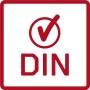 DIN Logo rot: Haken im Kreis über dem Schriftzug DIN, umrandet.