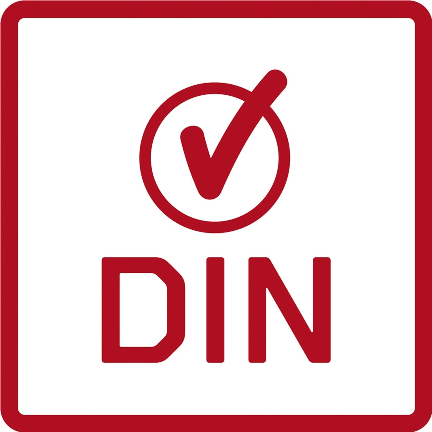 DIN Logo rot: Haken im Kreis über dem Schriftzug DIN, umrandet.