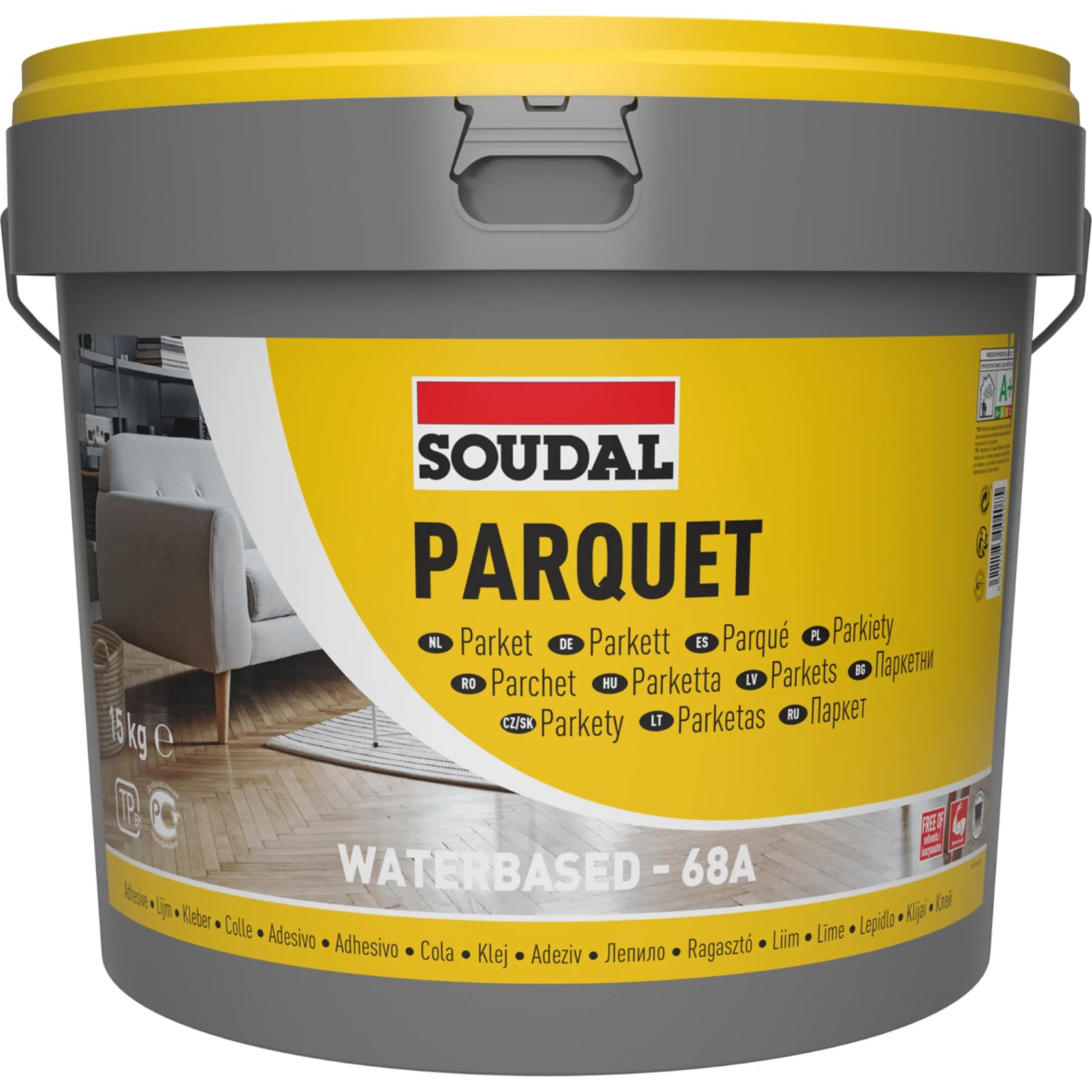 Eimer Soudal Parkettkleber 68A, 15 kg, lösemittelfrei für die Verklebung von Parkett.