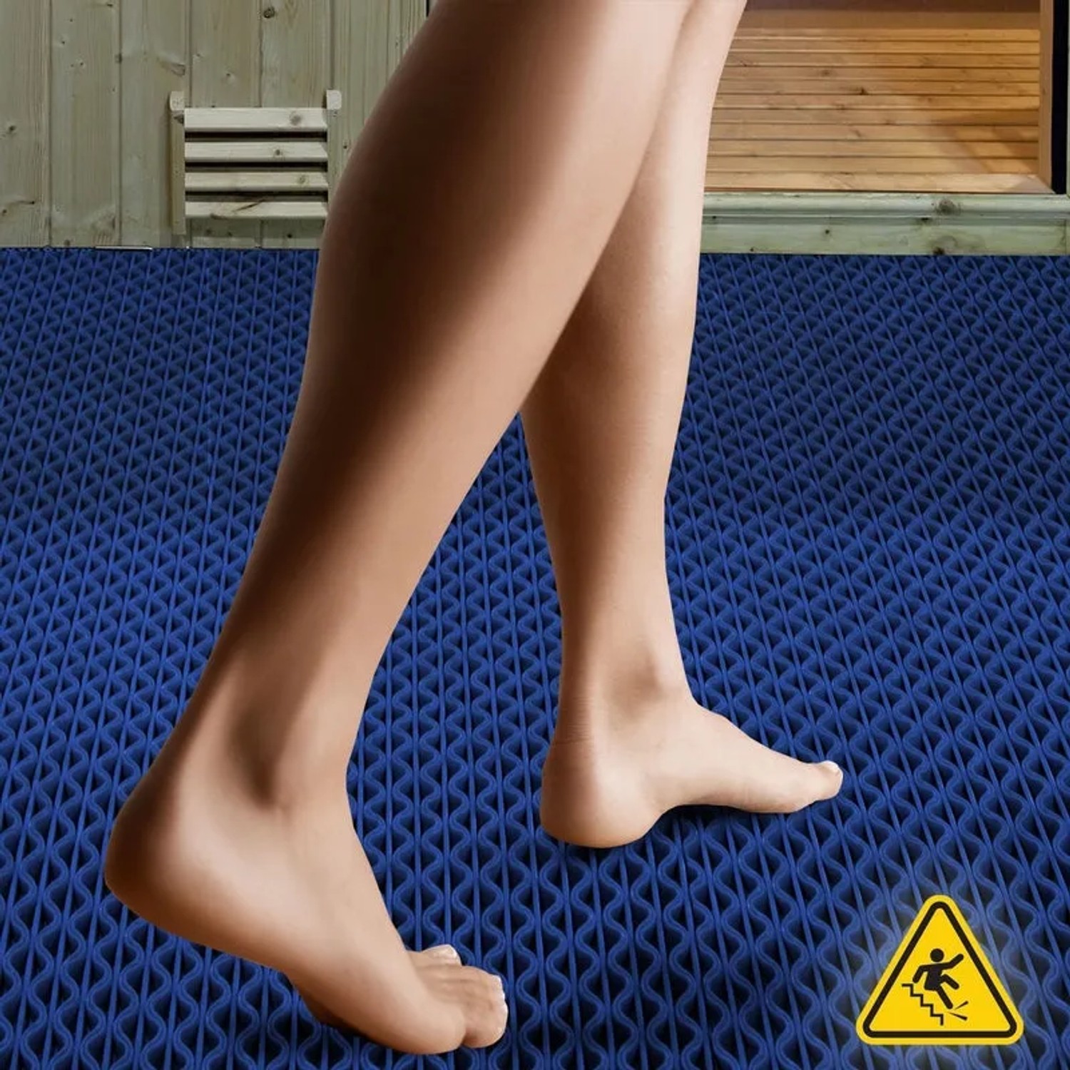 Blaue KARAT Hygienematte 90x900 cm für Barfußzonen, UV-beständig und rutschfest.