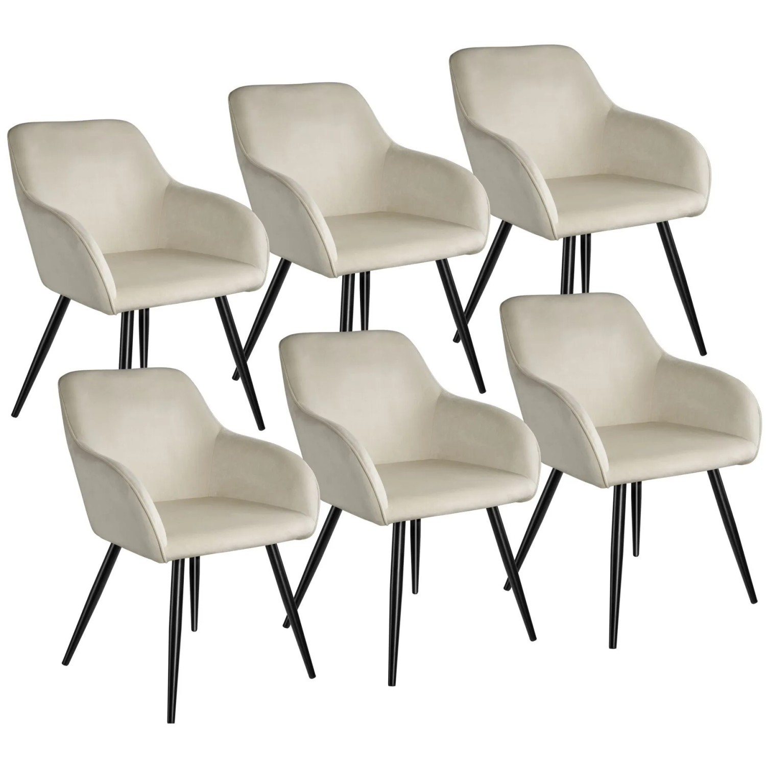 Tectake Esszimmerstuhl Marilyn Gepolstert  In Samtoptik Durchgehende Lehne 6Er Set 62 x 58 x 82 cm Creme Schwarz