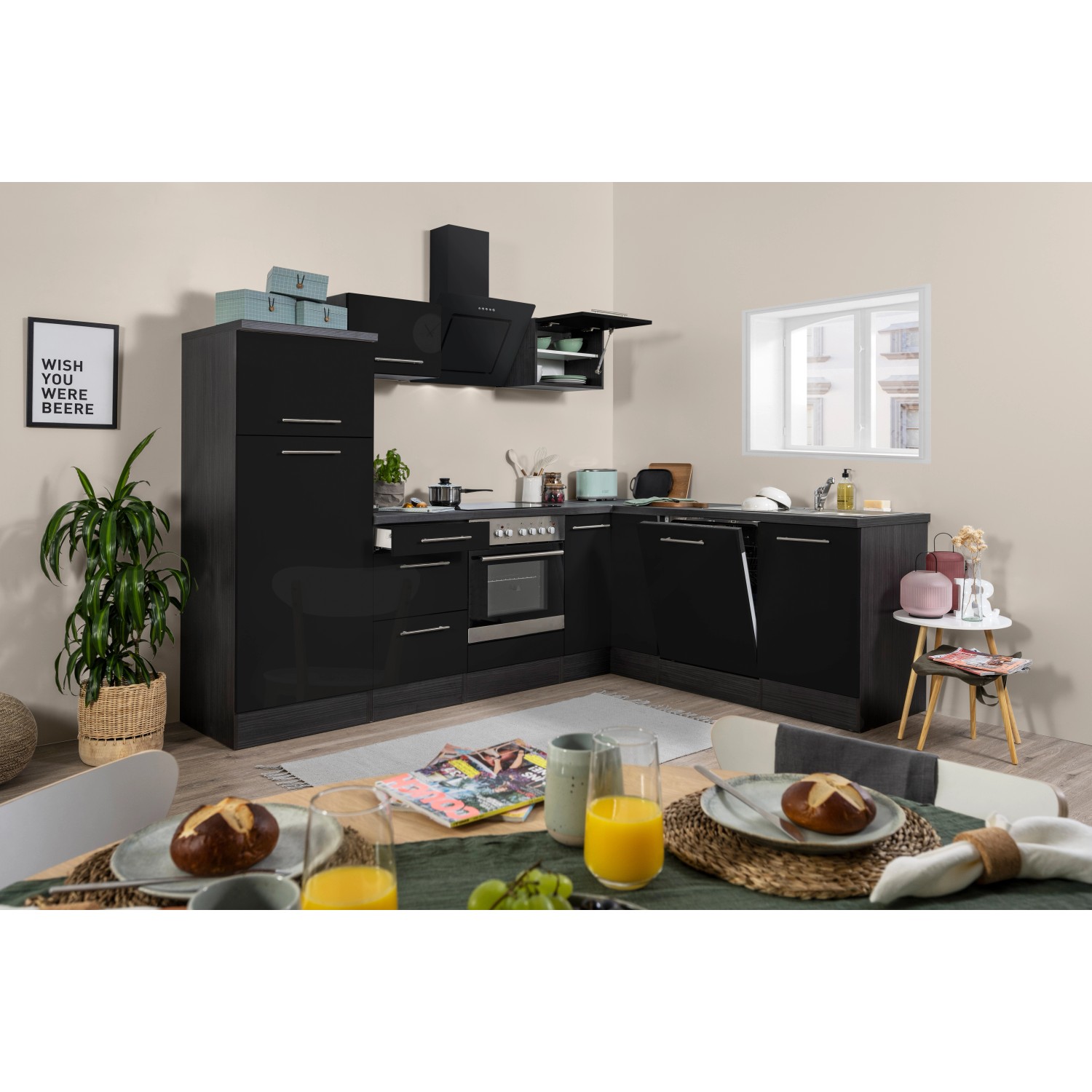 Respekta Premium Winkelküche 260 x 200 cm Schwarz Hochglanz-Eiche Grau