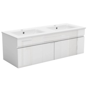 AICA Badmöbel-Set BERGEN, 120 cm, Weiß Hochglanz: Waschtisch mit Unterschrank und zwei Waschbecken.