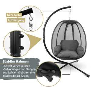 Grauer deluxe4home Hängesessel mit Stahlgestell und Kuscheldecke für Indoor & Outdoor.