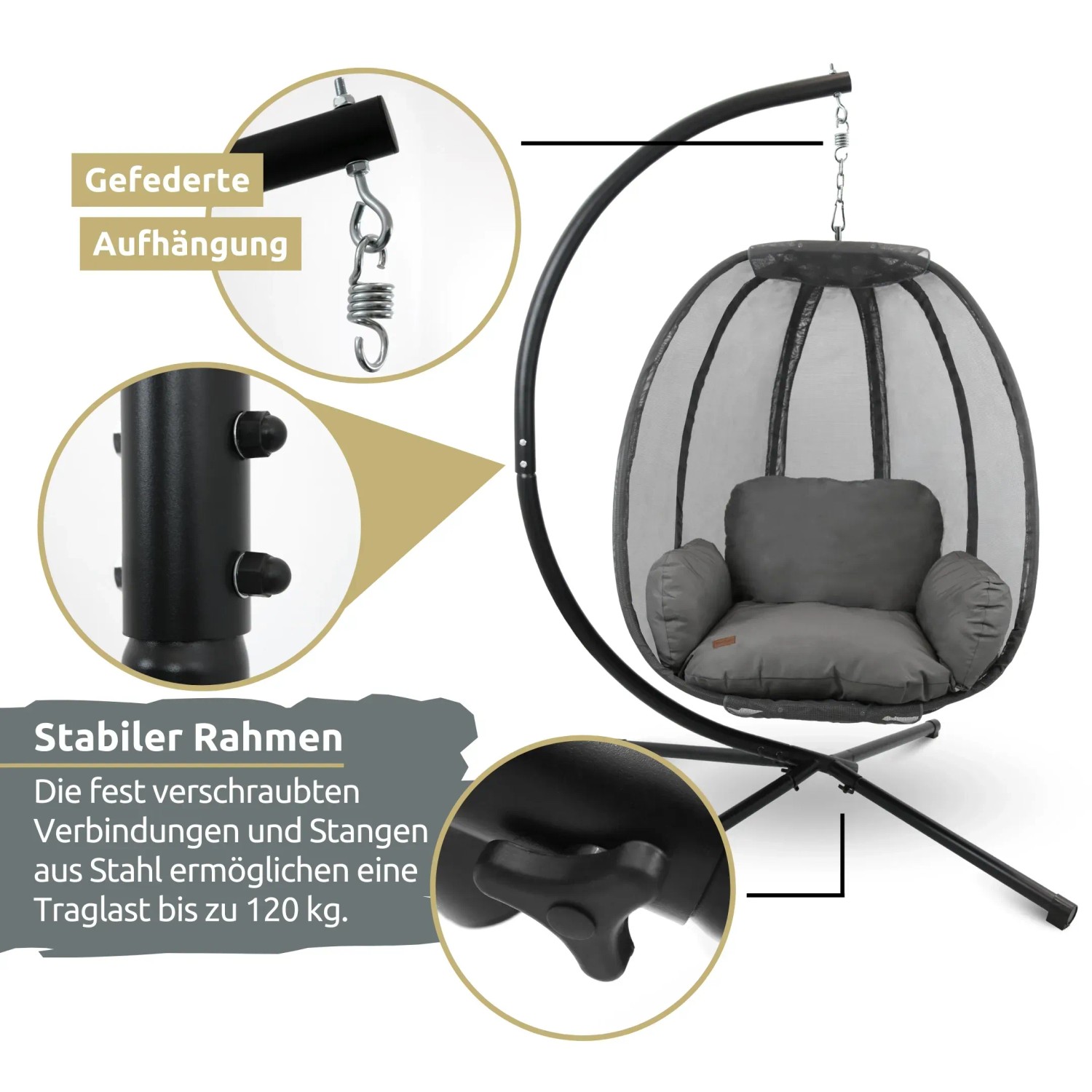 Grauer deluxe4home Hängesessel mit Stahlgestell und Kuscheldecke für Indoor & Outdoor.