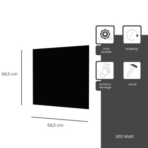Schwarze Fenix Infrarotheizung ECOSUN Glasheizung, 300W, 58,5x58,5cm, für Wand- oder Deckenmontage.