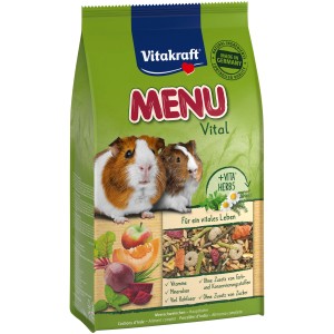 Vitakraft Meerschweinchenfutter Menu Vital, 1kg Packung mit Meerschweinchen und Gemüse.