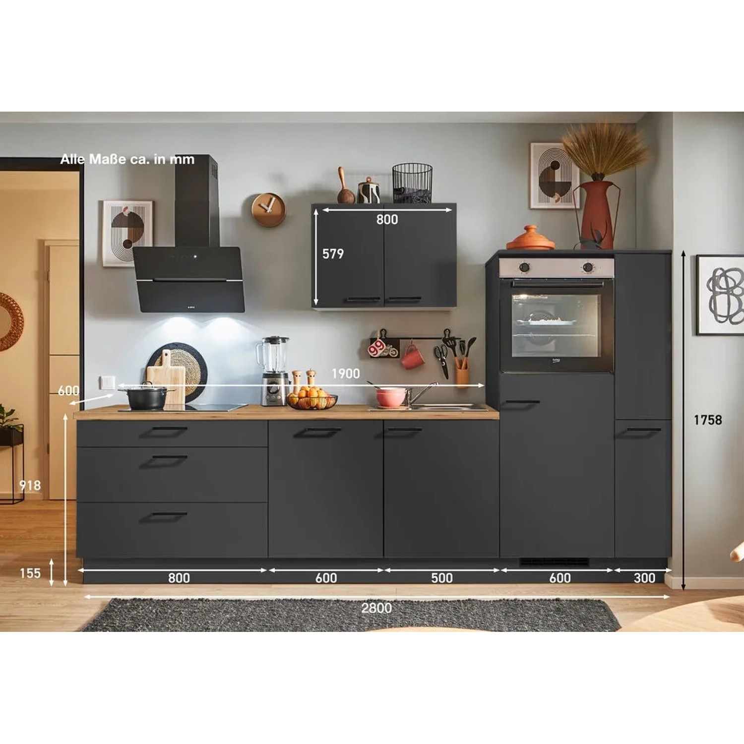 Moderne pino Küchenzeile in Grafit, 280 cm breit mit Geräte- und Apothekerschrank. Inklusive E-Geräte.