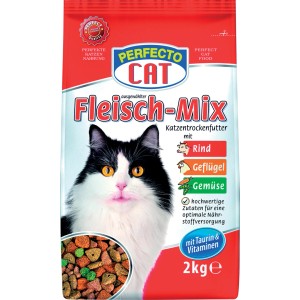 Perfecto Cat Fleischmix 2kg: Trockenfutter mit Rind, Geflügel & Gemüse für ausgewachsene Katzen.