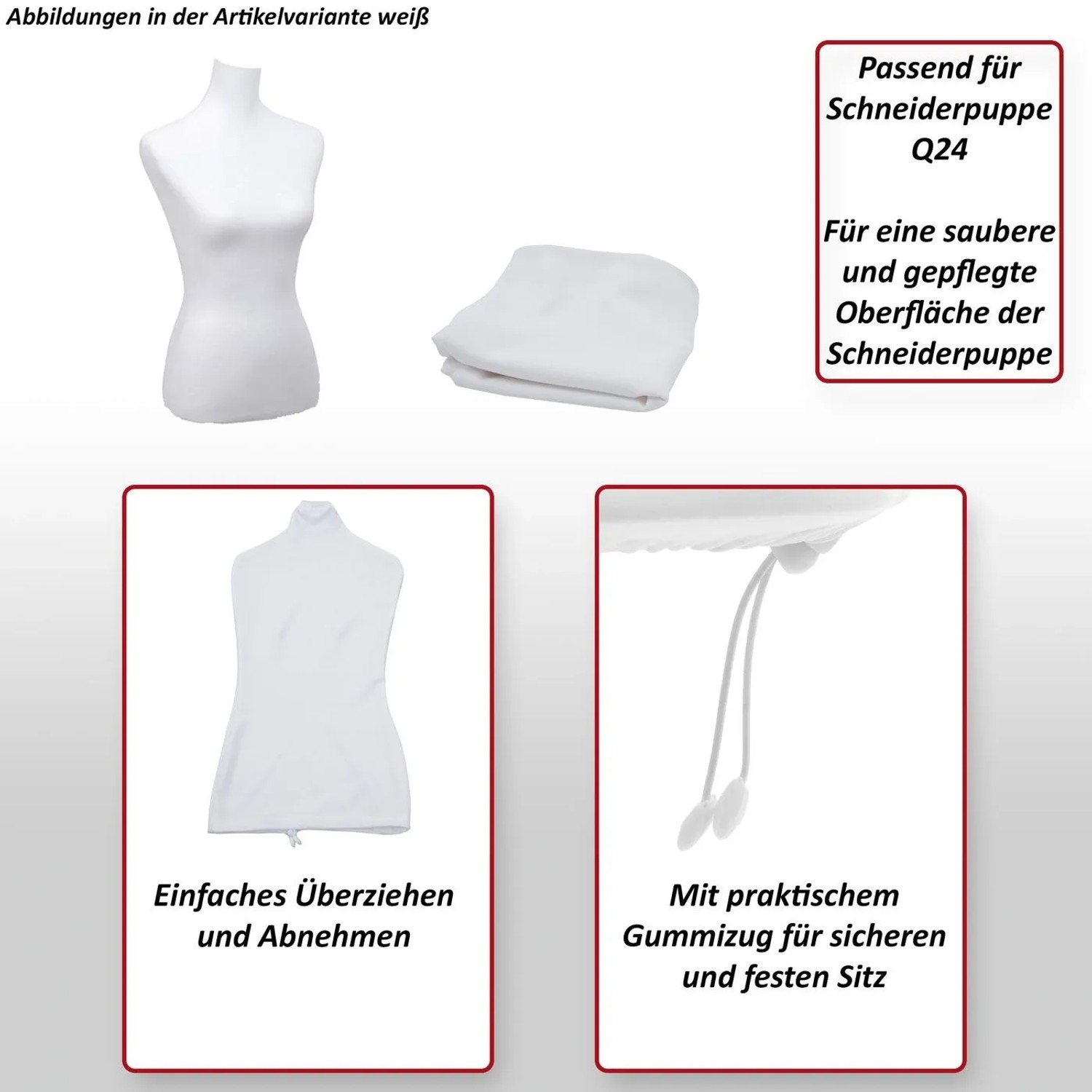 Weißer Ersatz-Bezug für Schneiderpuppe Q24 aus Stoff/Textil. Mit Gummizug für sicheren Sitz und einfaches Überziehen.