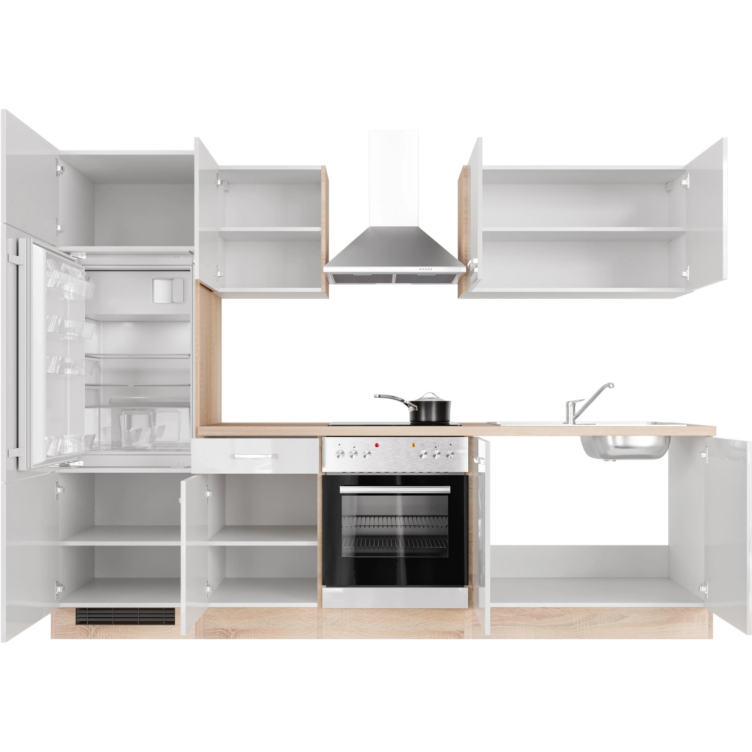 Flex-Well Küchenzeile Valero 270 cm in Weiß Hochglanz und Sonoma Eiche mit E-Geräten.