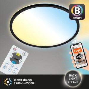 Schwarze Brilo WiFi LED Deckenleuchte Slim Smart mit App- und Sprachsteuerung, inklusive Fernbedienung.