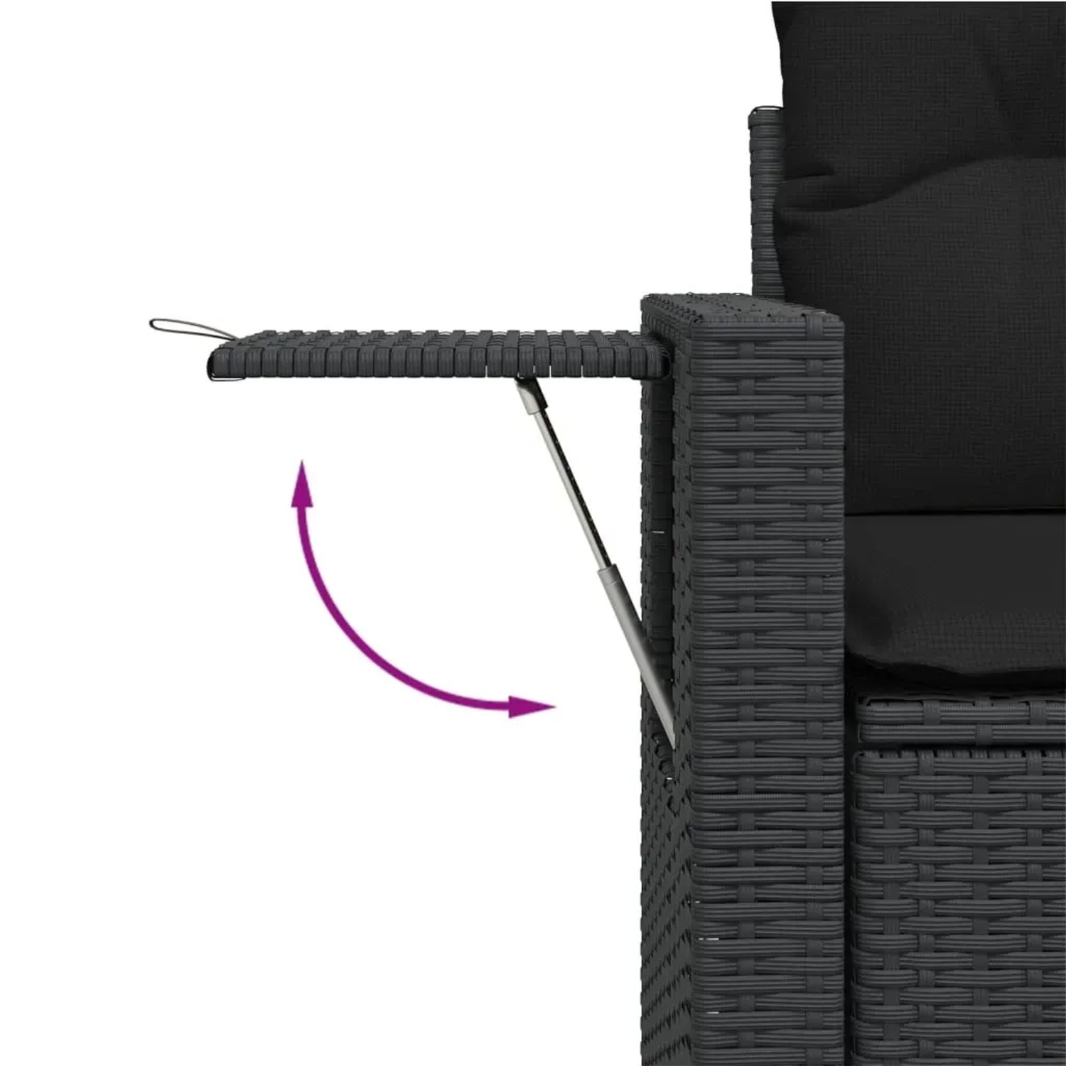 Detailaufnahme: Schwarze Gartenmöbel Sofagarnitur mit ausklappbarem Tisch am Armteil.
