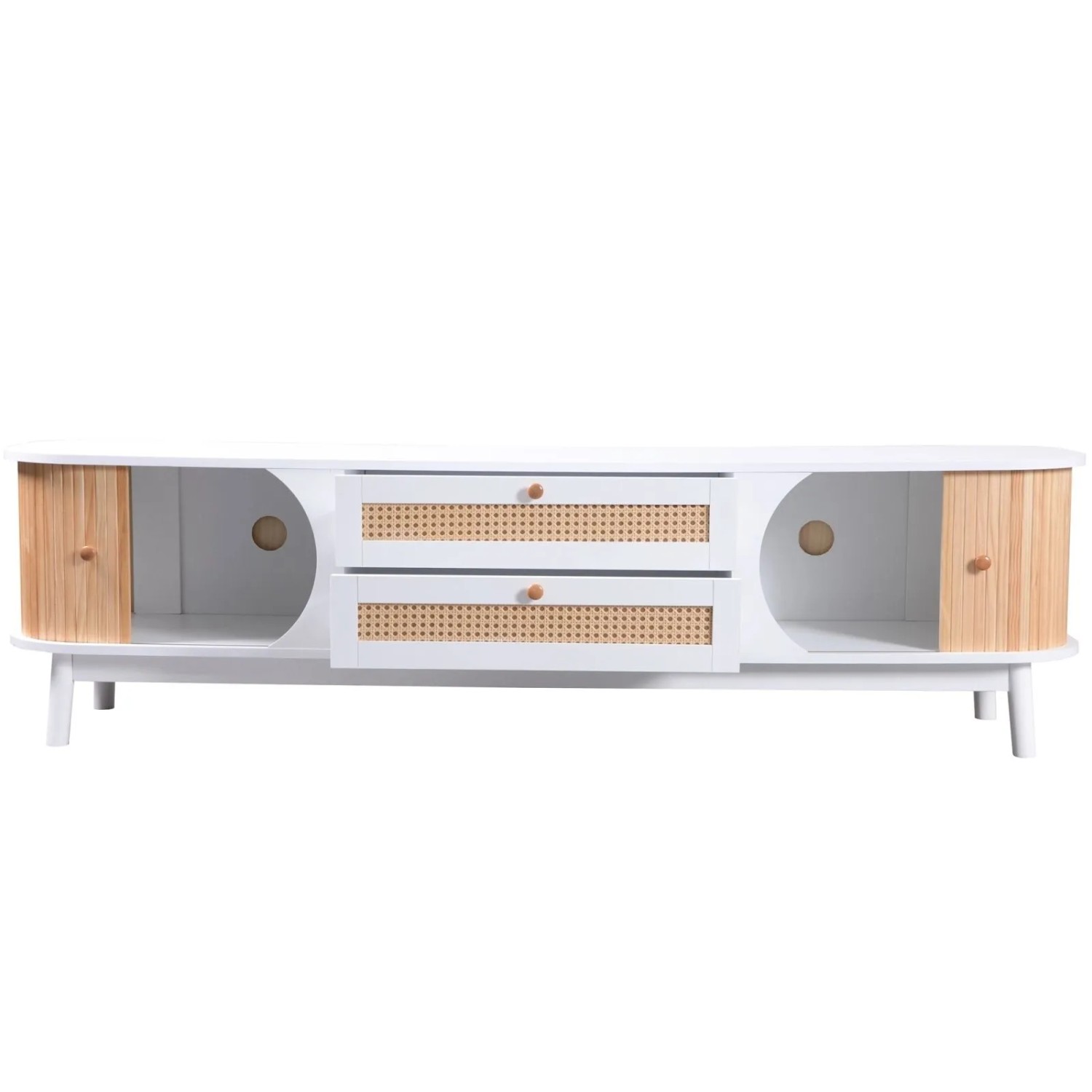 PXloue TV-Schrank Weiss mit Rattanoptik Türen und Schubladen 170 x 39 5 x 46 cm