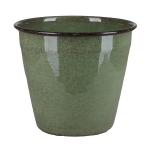 Grüner A.H.G. Metall-Übertopf, 14,5 cm, mit Ablaufstopfen für den Garten oder Innenbereich.