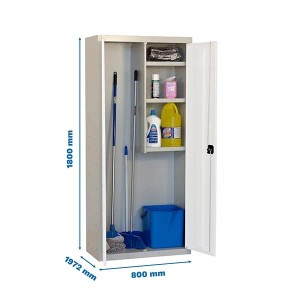 Weiß-grauer PROREGAL AMEGO Putzmittelschrank 180x80x40 cm aus Metall, offene Tür zeigt Fachböden und Reinigungszubehör.