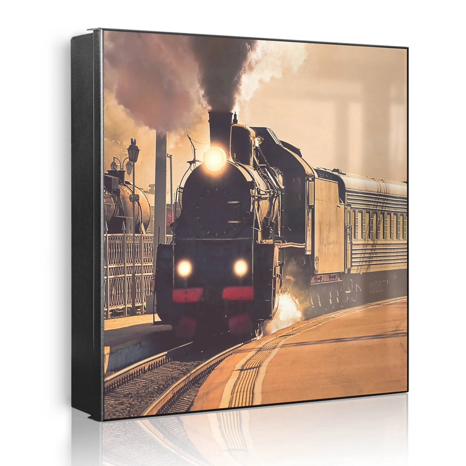 Banjado Großer Schlüsselkasten Metall 30x30cm Schwarz Scharnier Rechts 32 Haken Beschreibbar Magnetisch Motiv Einfahrender Zug
