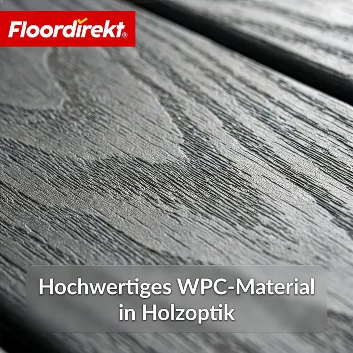 Graue Floordirekt WPC Klickfliese Noble 3D mit Holzstruktur, geeignet für Terrassen und Balkone.