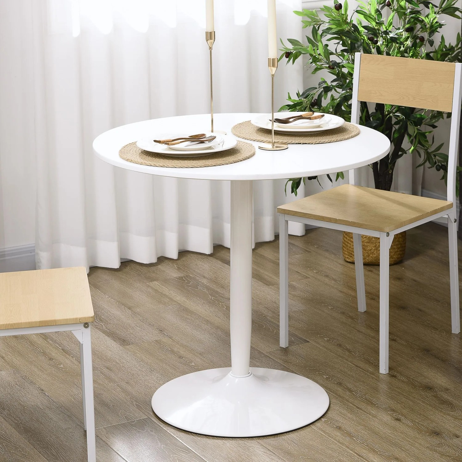 Weißer runder HOMCOM Esstisch aus MDF und Stahl mit Mittelfuß, modern und platzsparend, für Esszimmer oder Küche.