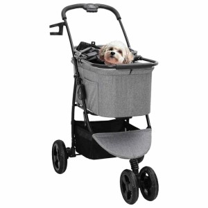 Grauer faltbarer vidaXL Haustierwagen aus Polyester mit Hund, ideal für Spaziergänge. Mit Ablagekorb.