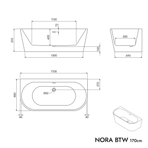 Technische Zeichnung der weißen, halbfreistehenden Raumsparbadewanne NORA, 170x80 cm, mit Maßangaben.