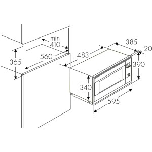 Skizze der Wolkenstein Einbau-Mikrowelle WMW900-25GB EB mit Maßangaben für den Einbau.
