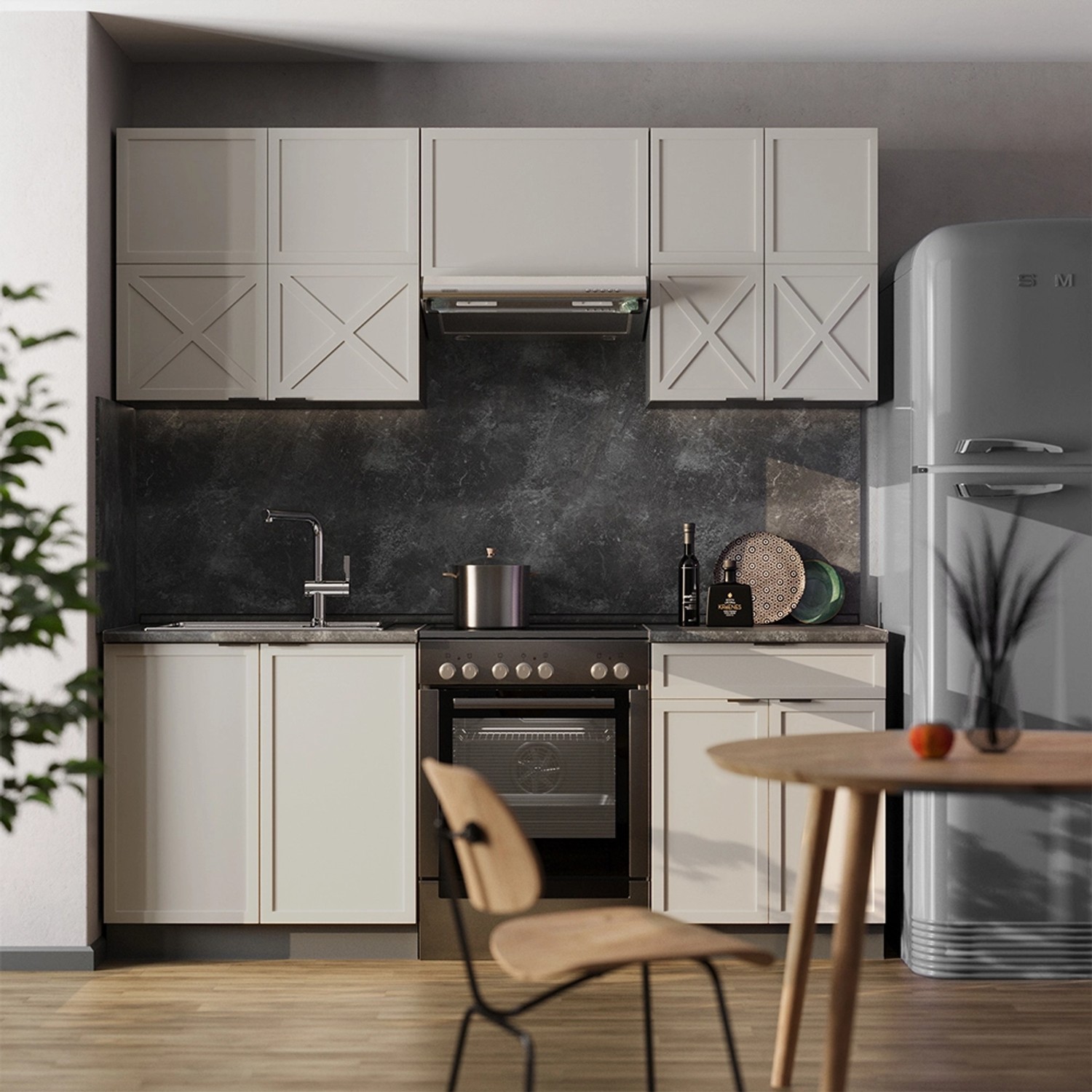 Moderne Vicco Fame-Line Küchenzeile in GrauBeige/Anthrazit mit Marmor Arbeitsplatte, 200 cm breit.