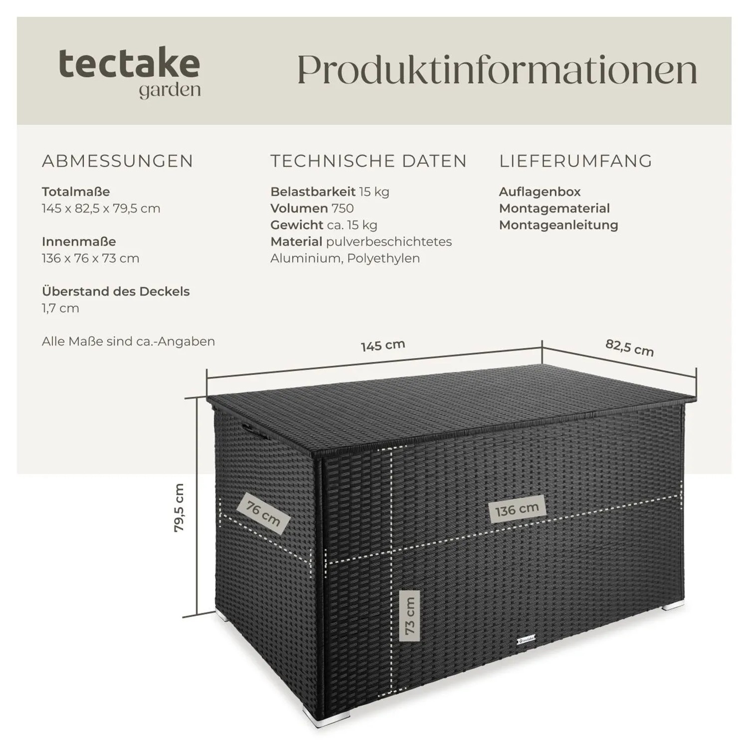 Schwarze Tectake Auflagenbox Oslo aus Polyrattan mit Aluminiumgestell, 750 Liter Volumen.