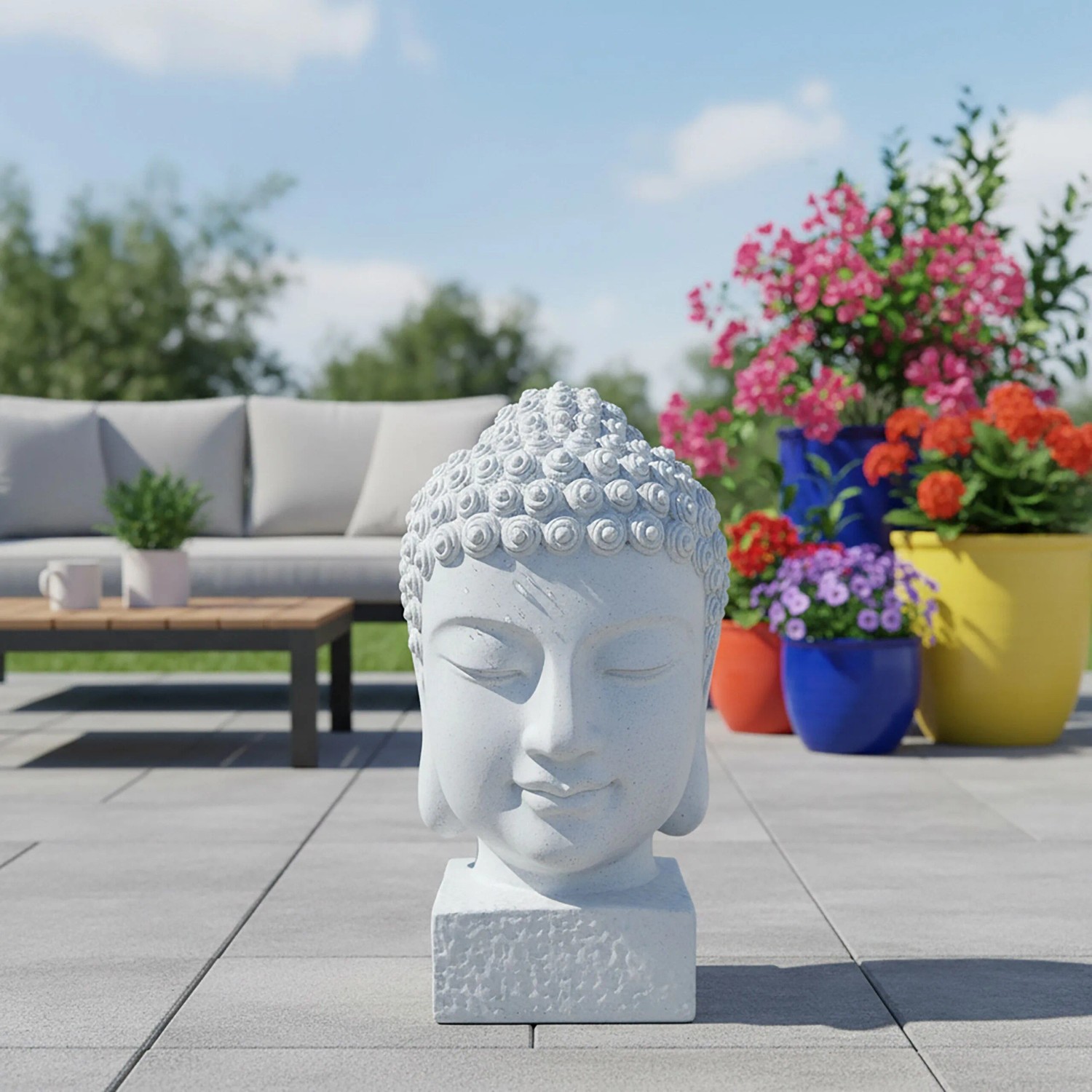 Relaxdays Buddha Kopf Polyresin Weiß Wetterfest Frostfest UV-beständig 70 cm x 45 cm x 45 cm 3,8 kg_3