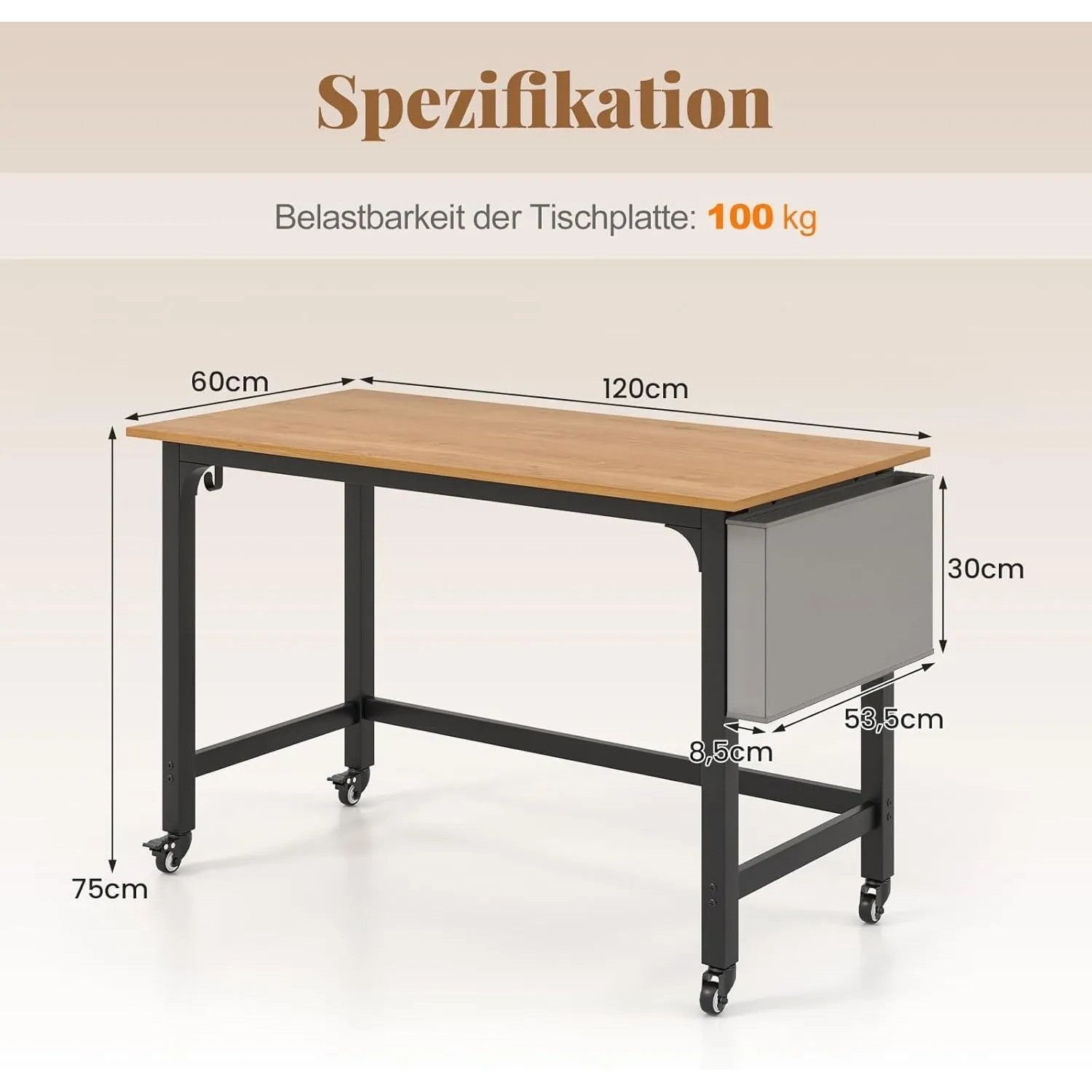 Mobiler Schreibtisch Natur mit Rollen, schwarzem Metallgestell und grauem Ablagefach. Ideal als Computertisch.