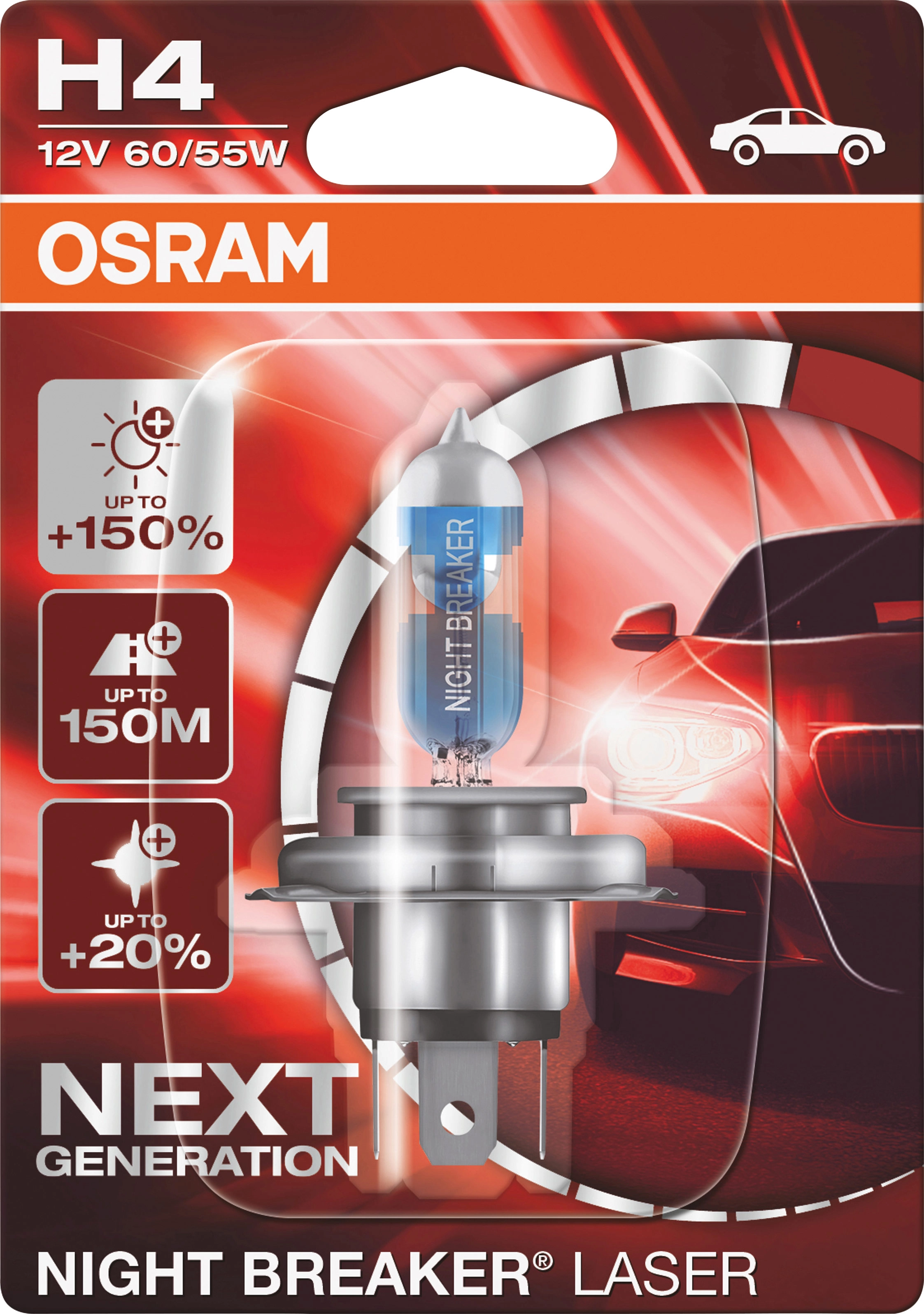 OSRAM NIGHT BREAKER LASER H4, +150% mehr Helligkeit,  Halogen-Scheinwerferlampe, 64193NL-HCB, 12V PKW, Duo Box (2 Lampen) :  : Auto & Motorrad