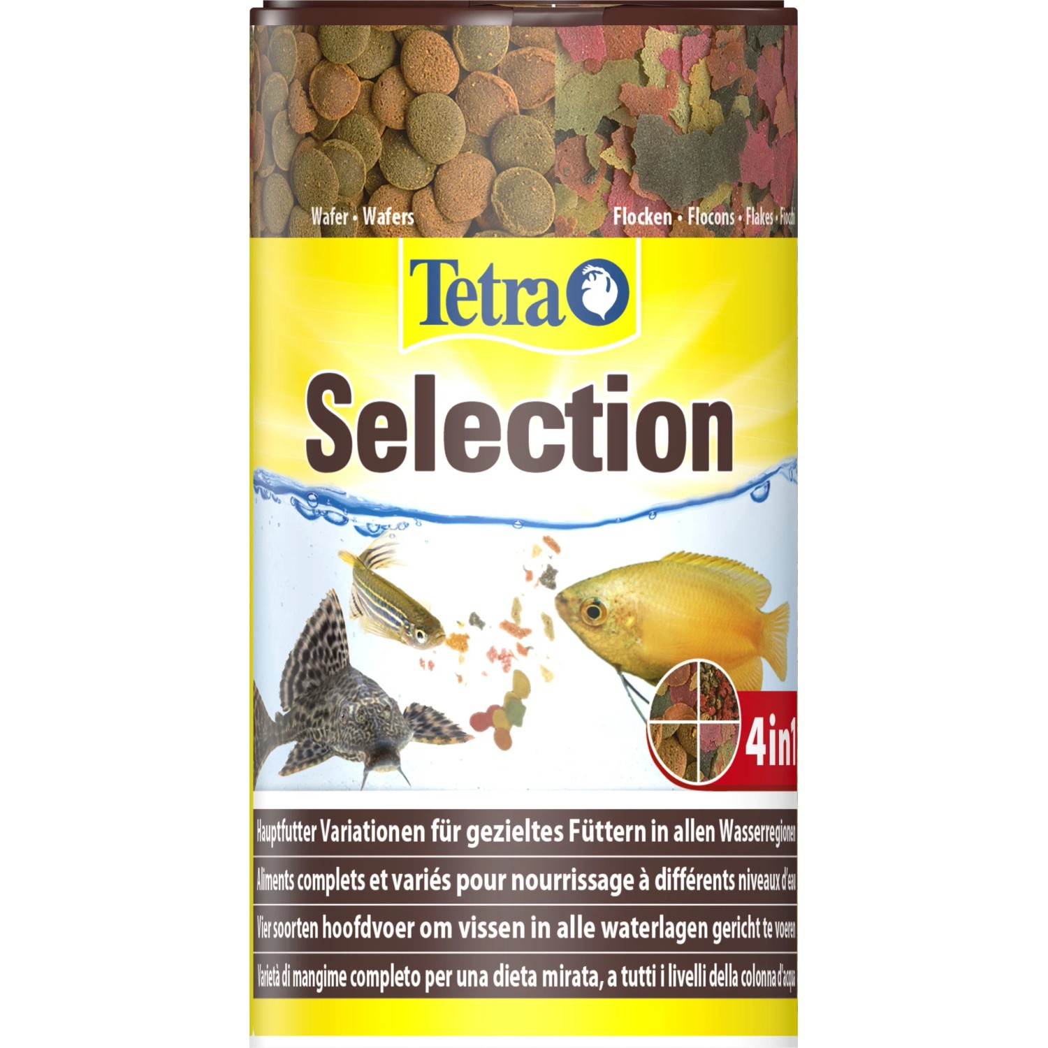 Tetra Selection Fischfutter 250ml Dose mit Flocken, Crisps, Granulat und Wafer Mix.