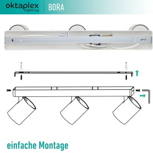 Montage der weißen Oktaplex Bora 3-flammigen Spotbalken Deckenleuchte mit GU10 Fassung.