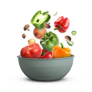 ProHome Geschirr Set Grün, 28-teilig: Schüssel mit Gemüse wie Paprika, Tomaten und Zwiebeln.