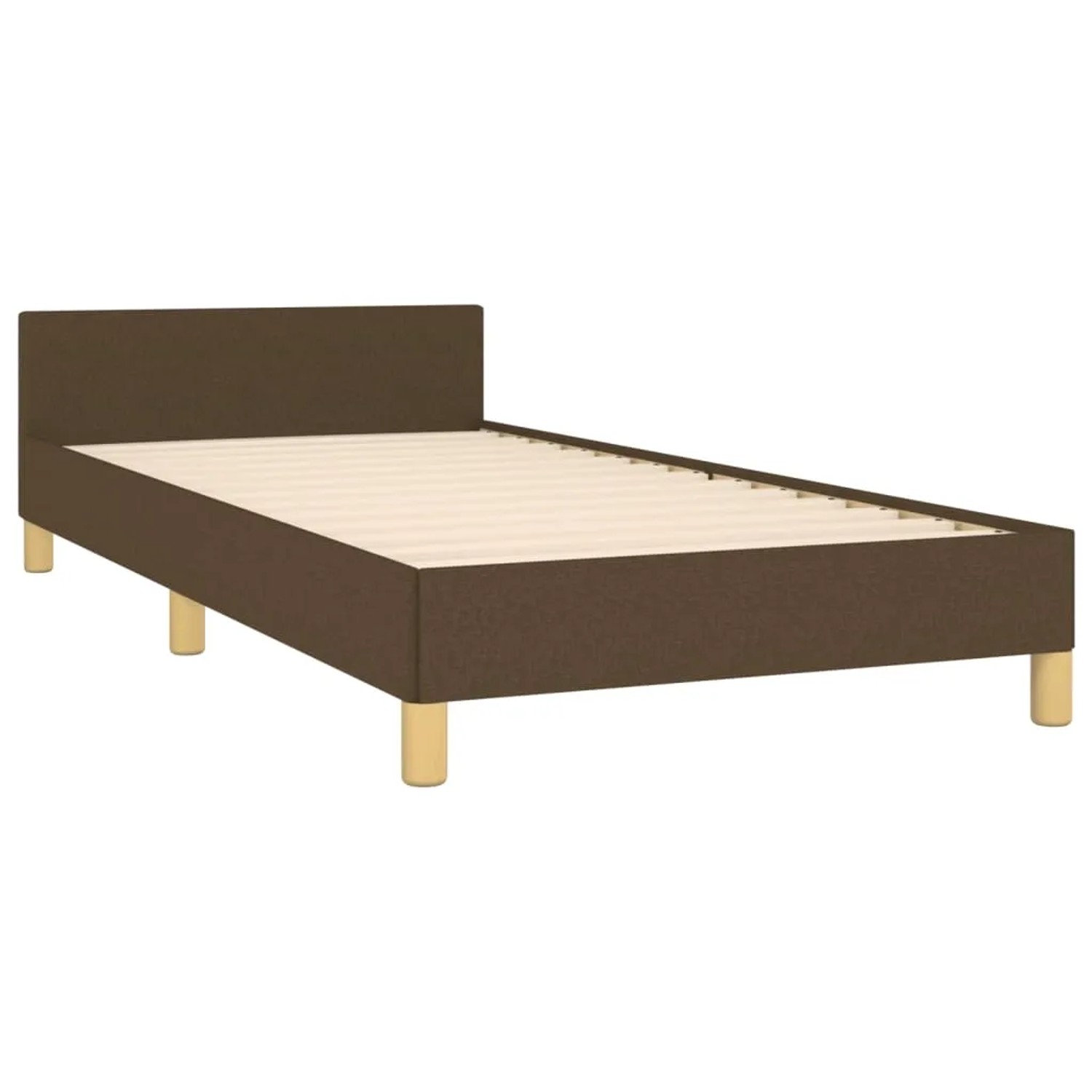 Dunkelbraunes Stoff-Bettgestell 80x200 cm mit Kopfteil. Bett mit Holzlattenrost und Füßen.
