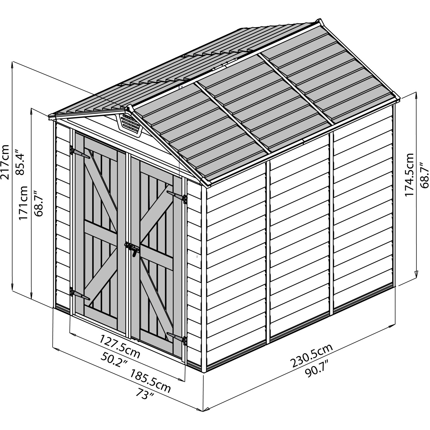 Skizze Palram Canopia Skylight 1.9x2.3 Gerätehaus Braun mit Maßangaben.