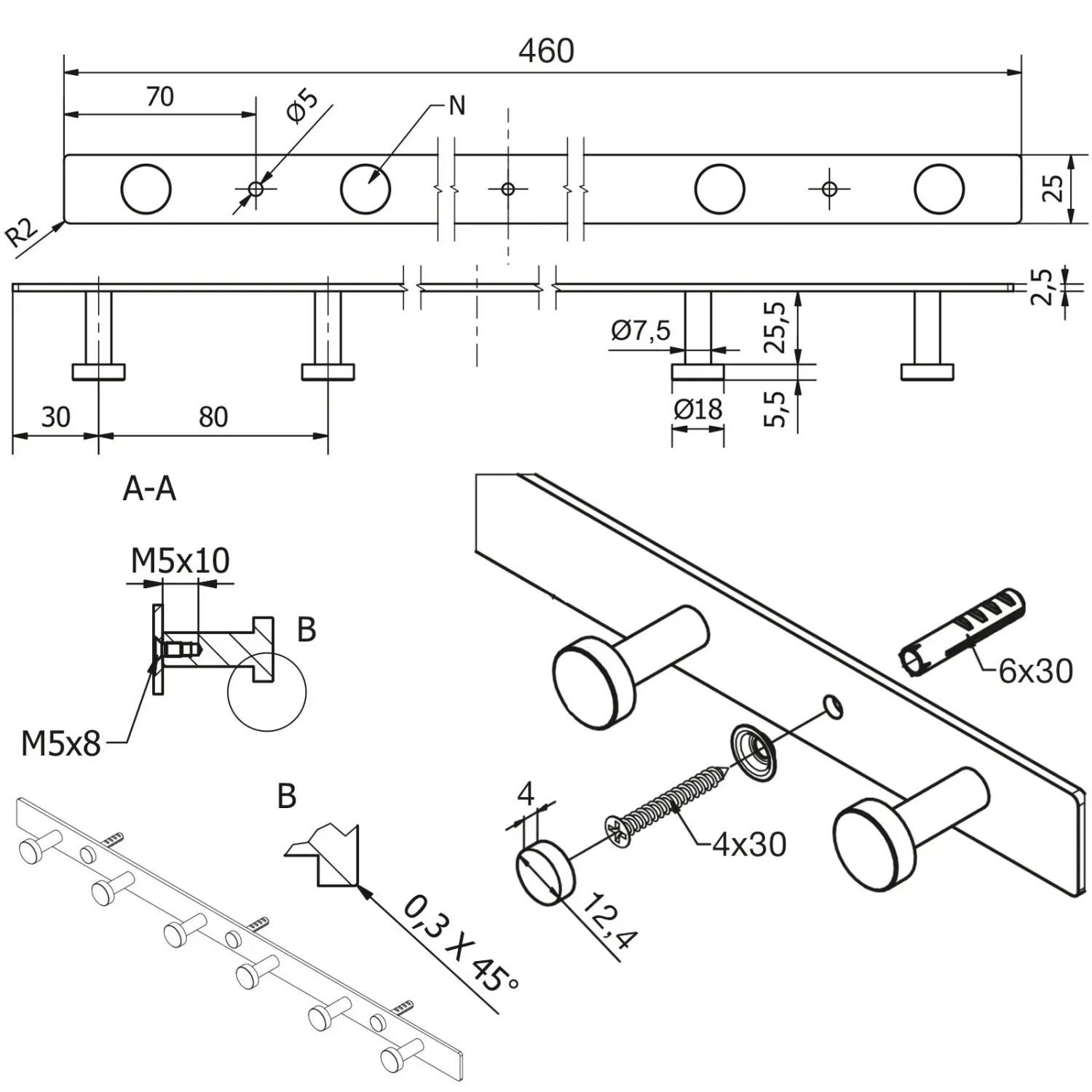 SOTECH Garderobenleiste JOEL Edelstahl, 6 Haken. Technische Zeichnung mit Maßen und Befestigungsmaterial.