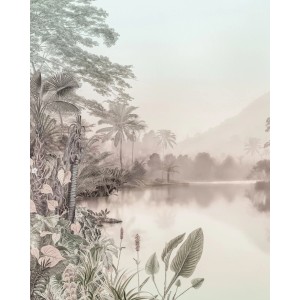 Komar Vliesfototapete Lac des Palmiers, ruhige See- und Dschungellandschaft in sanften Farben.
