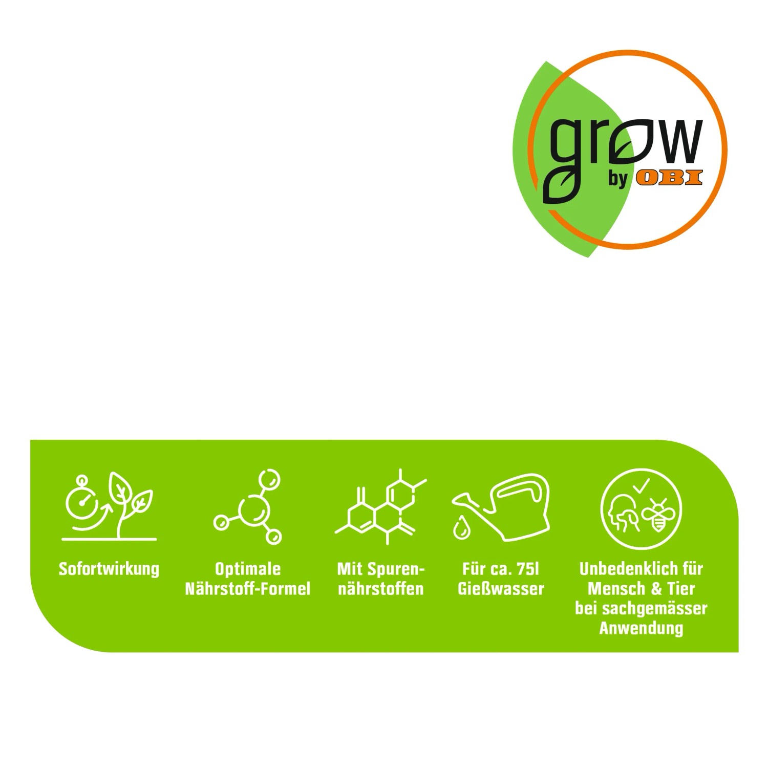 Produktinfo GROW by OBI Zitrus- und Kübelpflanzen-Dünger: Sofortwirkung, Nährstoff-Formel, Spurennährstoffe, für 75l Gießwasser.