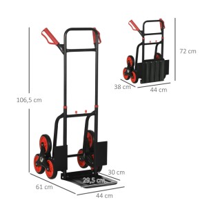 DURHAND Treppensteiger Sackkarre, Stahl, 120kg, klappbar, mit roten Griffen und Rädern, geeignet für Bürocontainer.