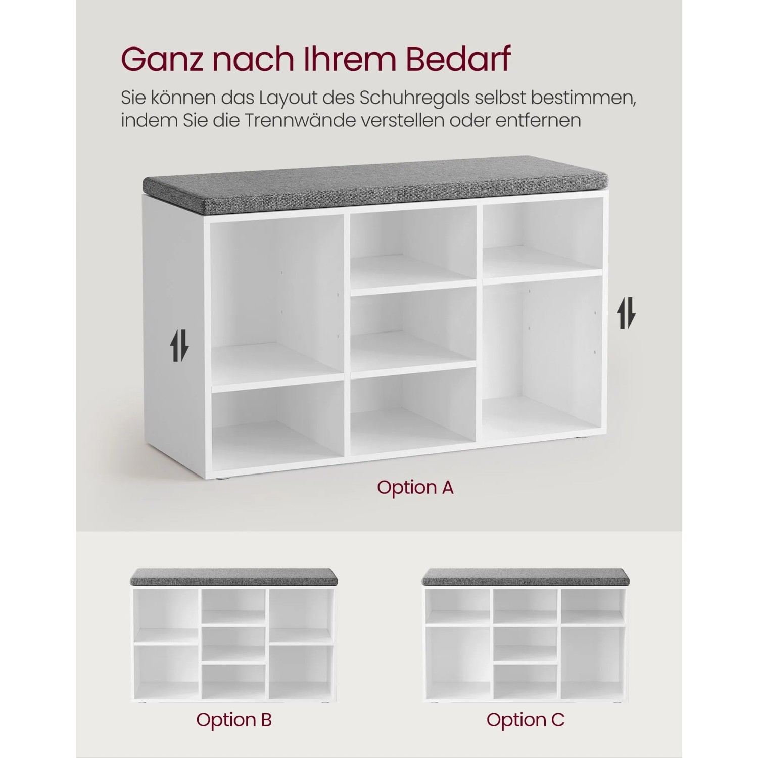 Vasagle Schuhbank mit Sitzfläche, weiß-grau, verschiedene Fachaufteilungen. Schuhbänke für den Flur.