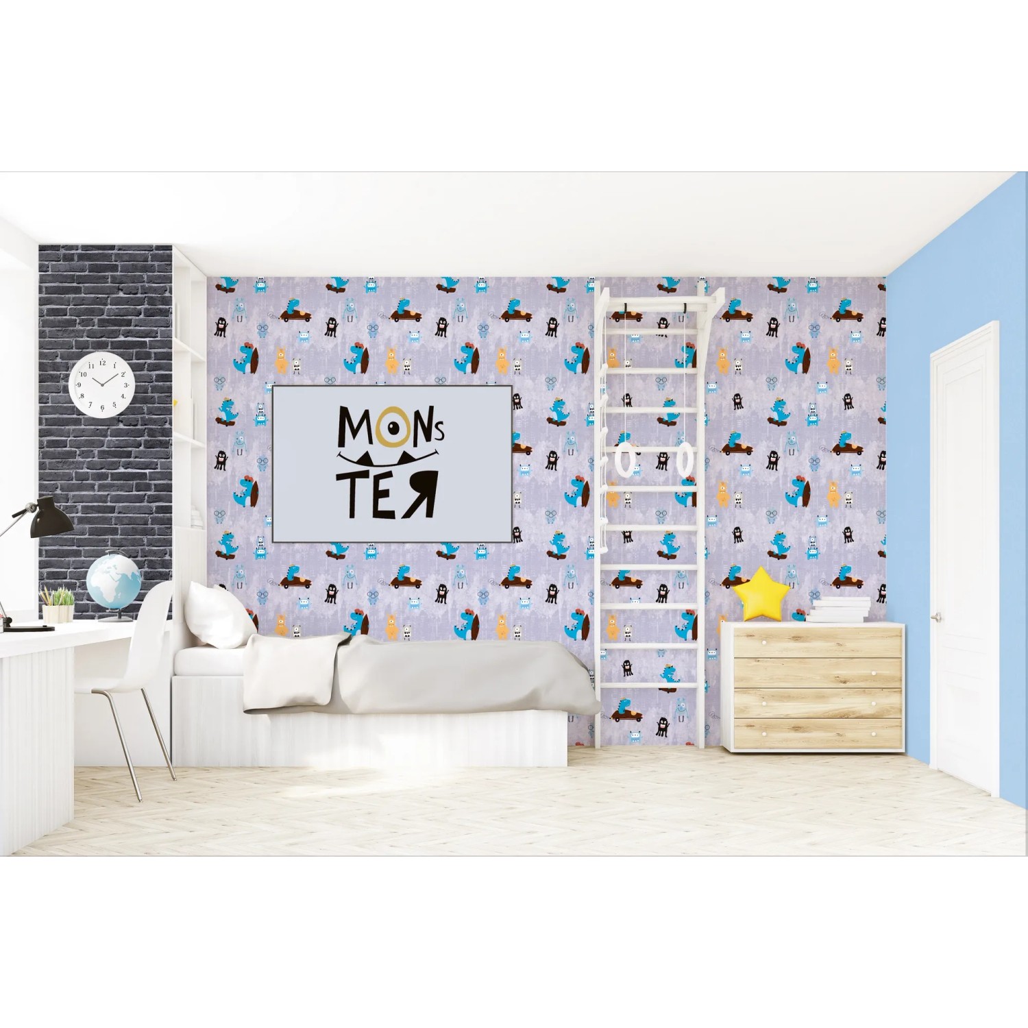 Kinderzimmer mit blauer Vliestapete mit Dinosaurier-Motiv in Gelb.