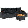 Schwarze 6-tlg. vidaXL Garten-Sofagarnitur aus Poly Rattan mit Kissen und Akazientisch.