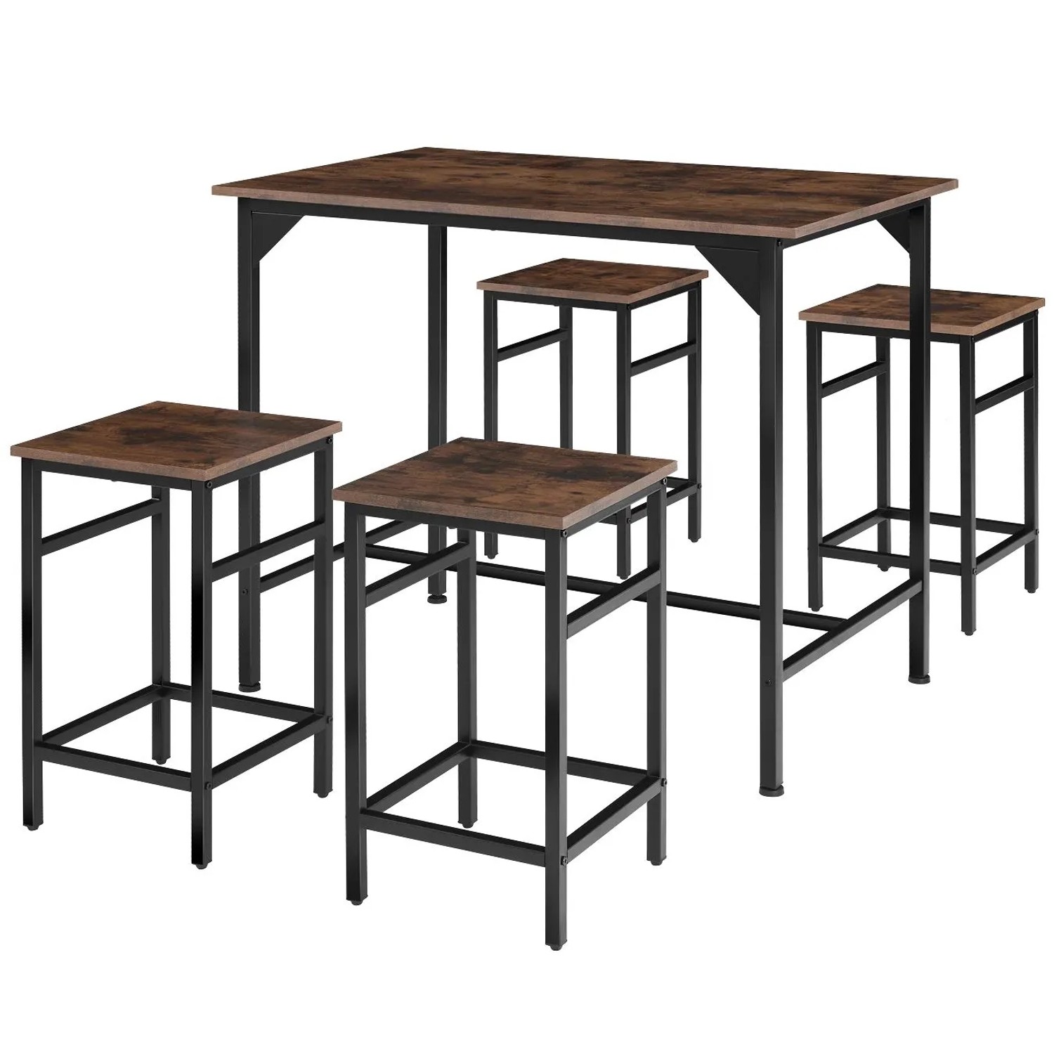 Tectake Bartisch Set Edinburgh 5 Teilig Tisch Mit 4 Hockern  100 x 124 x 88 50 cm Industrial Holz Dunkel  Rustikal