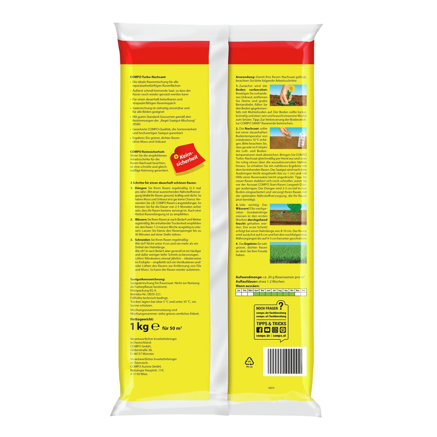 Compo Rasen Nachsaat Turbo 1 kg Packung für schnelle Rasenreparatur.