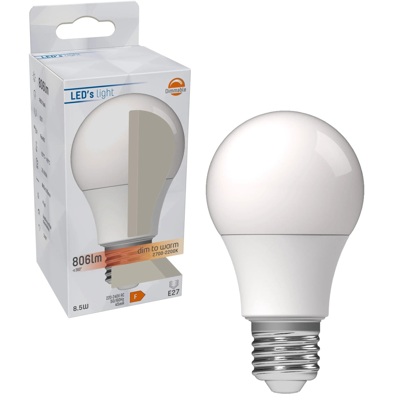 E27 LED-Lampe A60, 8,5W, dimmbar, Farbtemperatur einstellbar (CCT), 806 Lumen, Ø 6cm.