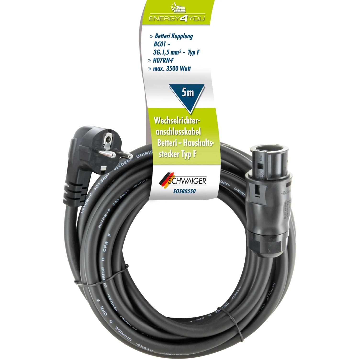 Schwaiger Betteri Anschlusskabel, 5m, mit Winkelstecker für Balkonkraftwerke.