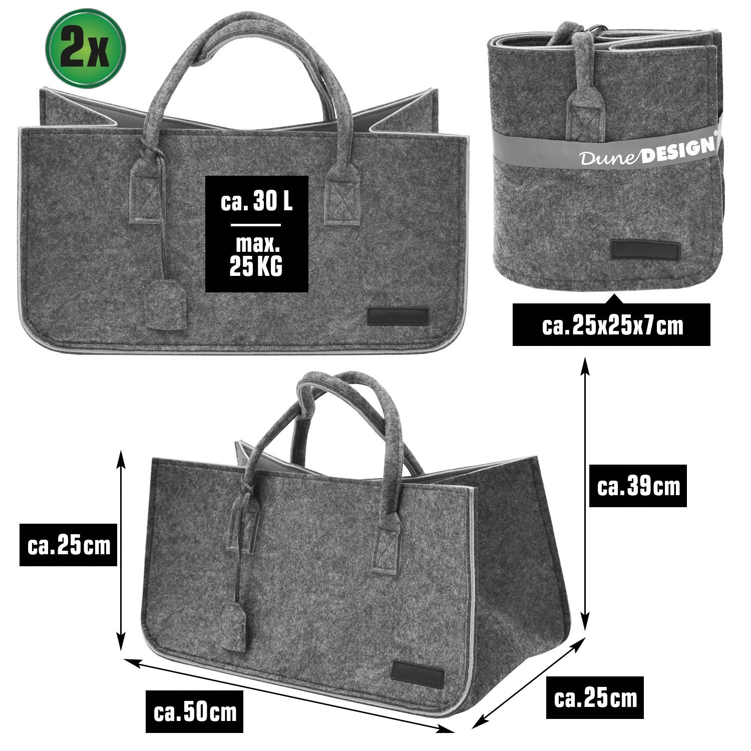 2er Set Filztaschen von DuneDesign, grau & schwarz, belastbar bis 25 kg. Aufbewahrungsboxen für Ordnung.